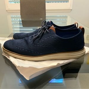 COLE HAAN ORIGINAL GRAND Wingtip Oxford Shoes 11M Knitted Navy Blue Excellent